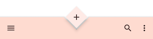 "Pink bottom app bar with pink diamond inset FAB and brown icons"