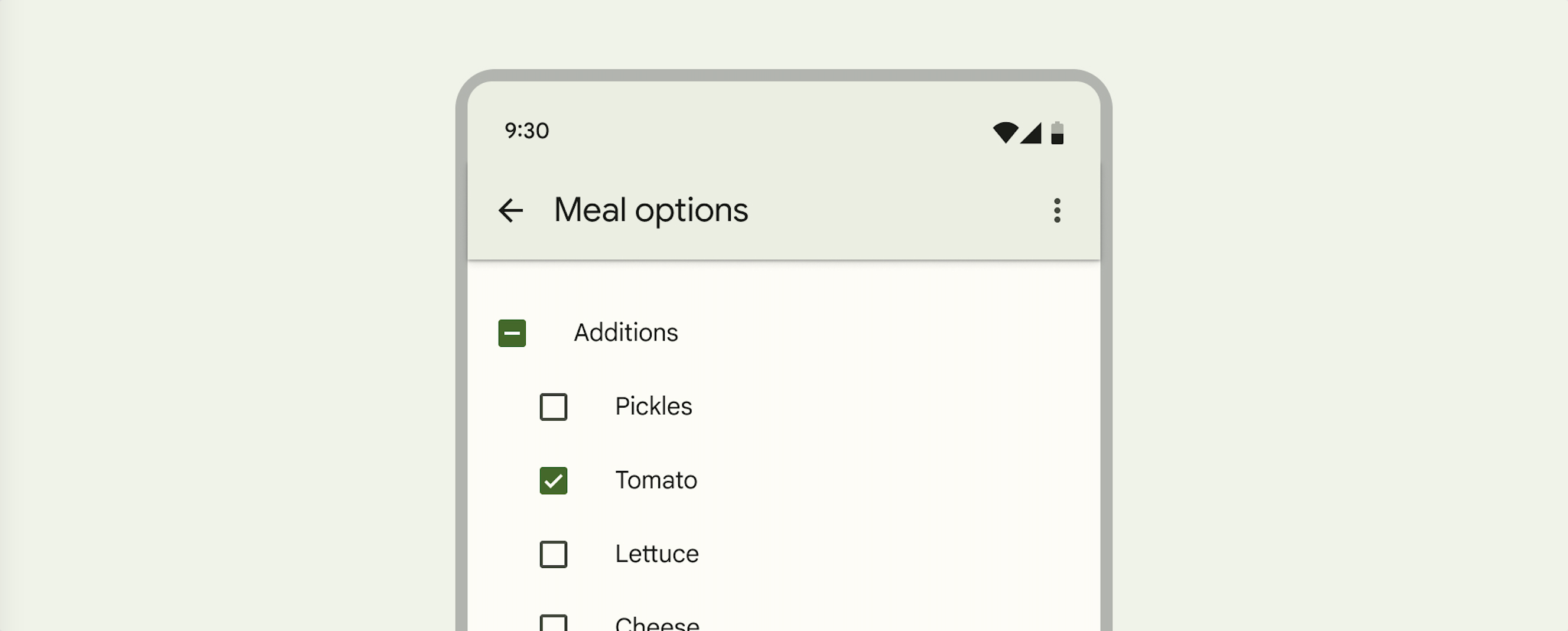 Checkbox hero: "Meal options" header, "Additions" checkbox, "Pickles"
"Lettuce" "Tomato" checkboxes with “Lettuce”
checked