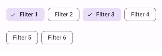 "6 white "Filter" chips spread across 2 lines: "Filters" 1 and 3 selected and
are light purple and include checkmarks."