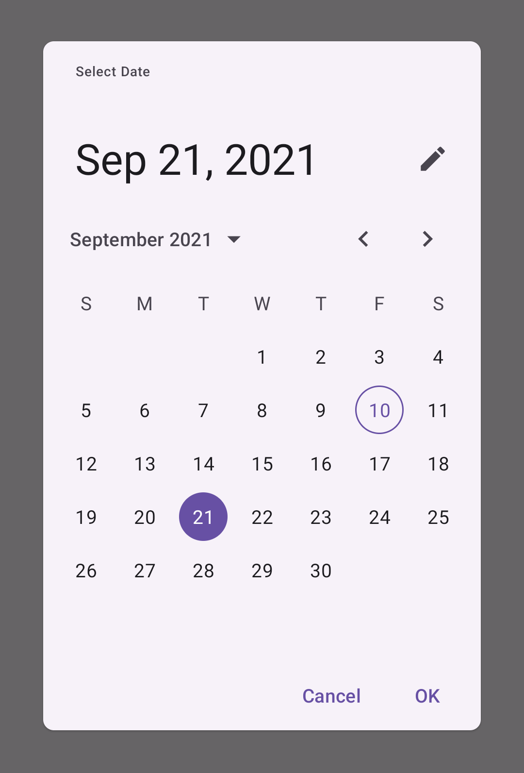 Mobile date picker for September 2021 with "21" selected.