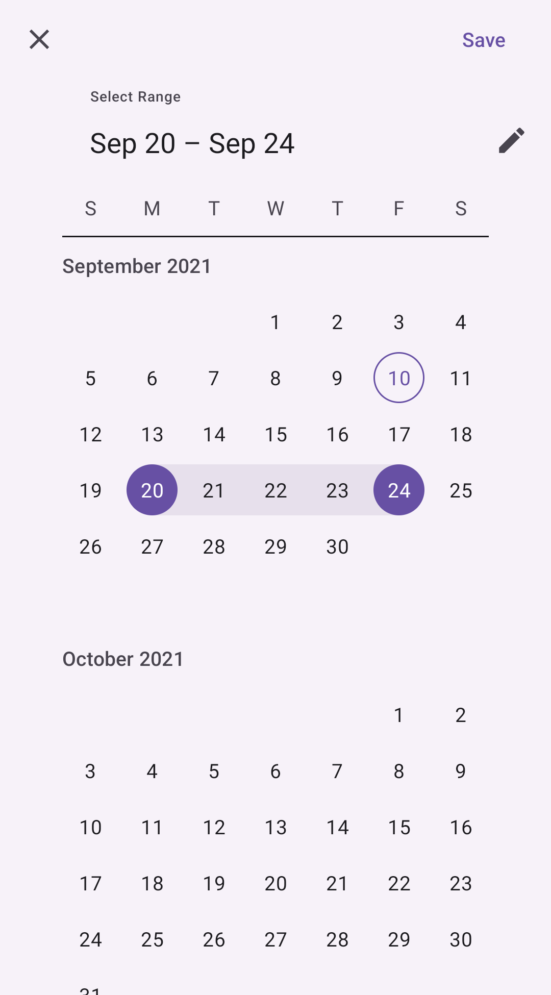 Date range picker with September, 20 to September, 24 selected