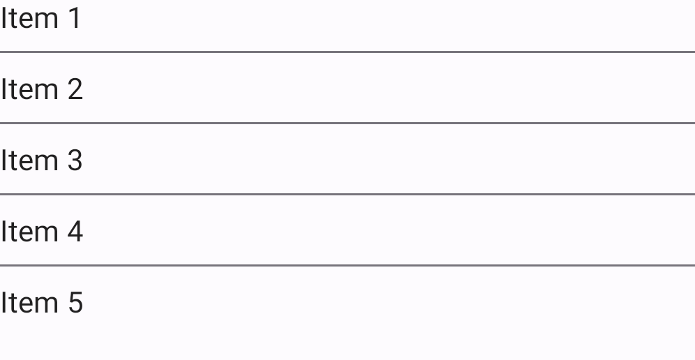 Vertical list of five items with four gray dividers