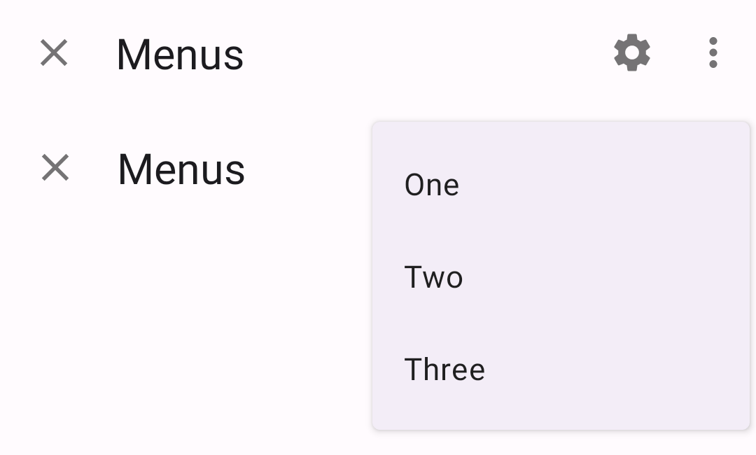 Composite image: purple "Menus" bar, and purple "Menus" bar with white menu
and 3 options