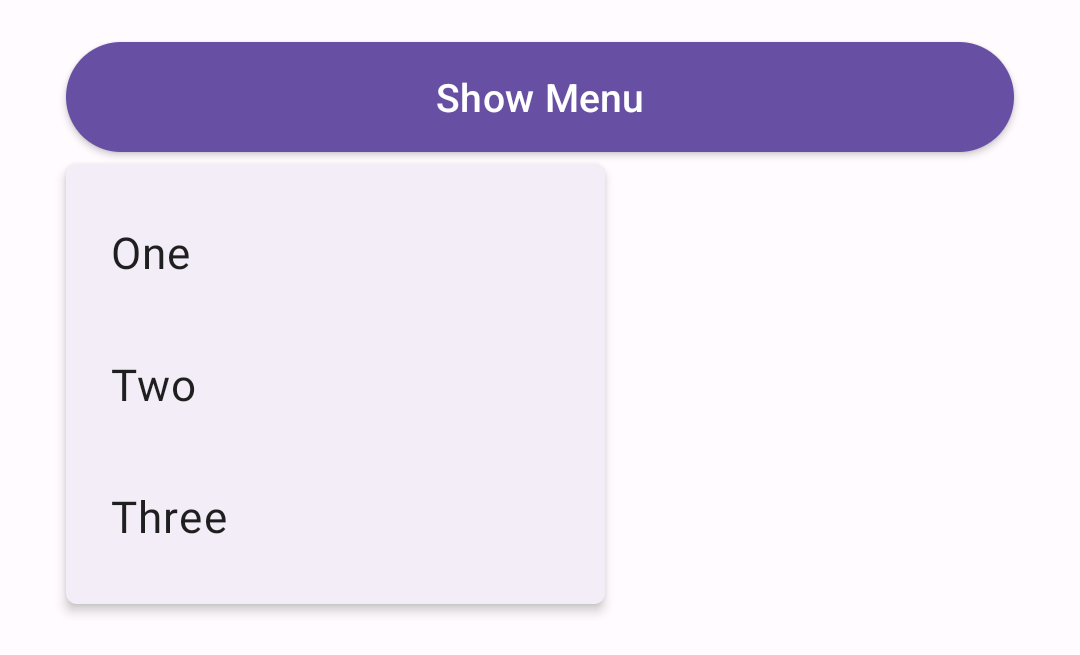 White menu container with 3 options open below a purple "Show menu" button