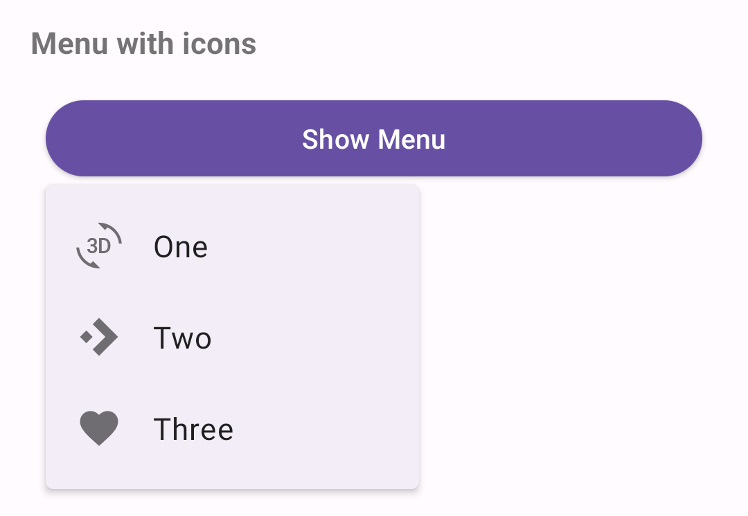 White menu window with 3 options open below a purple "Show menu" button. Each
option has an icon.