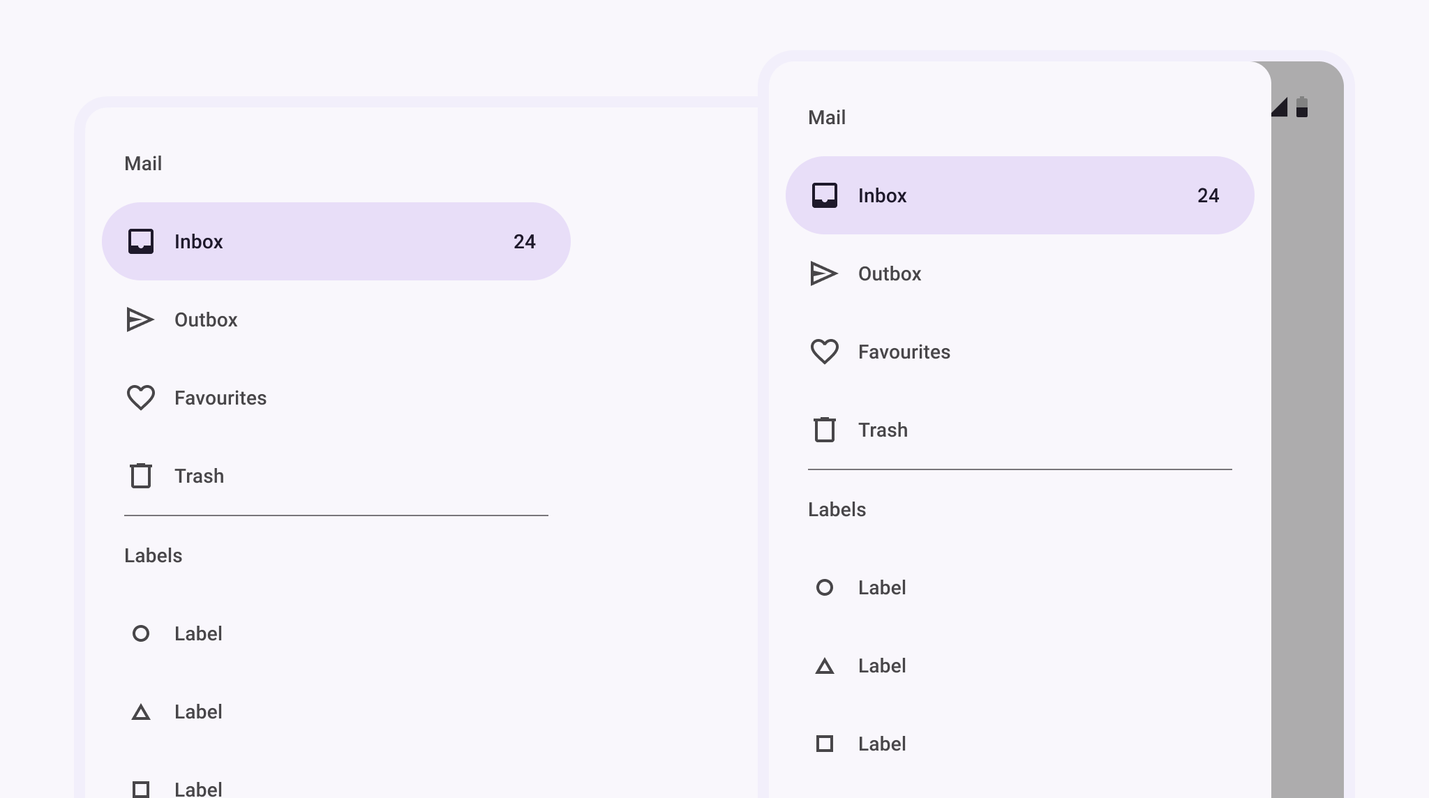 A standard (left) and modal (right) Navigation drawer