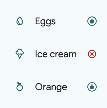 Image of a list and icon list items of food names with a different theme
applied