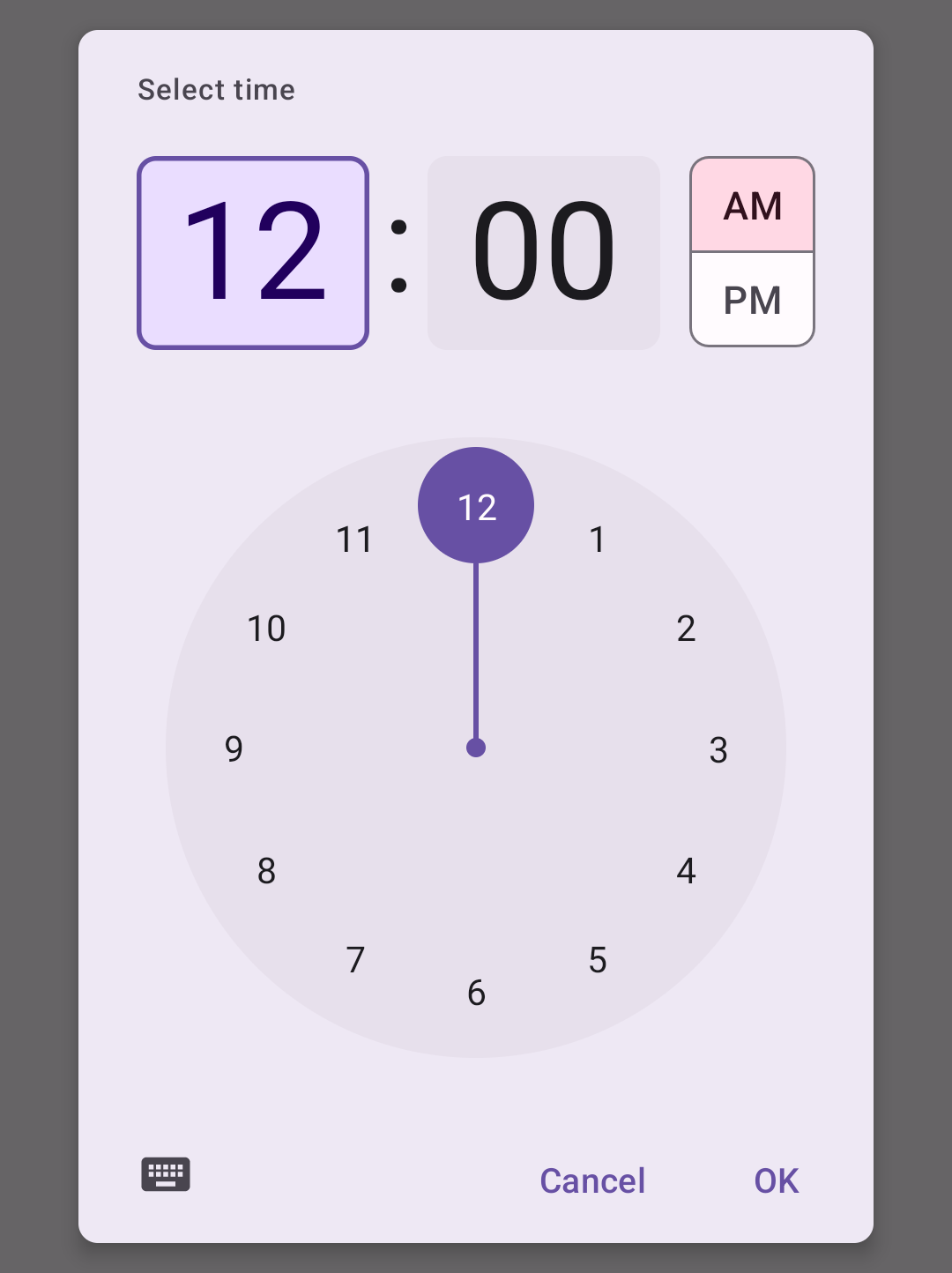 "Time picker in a mobile UI that has both a numeric display and a clock dial display of the time."